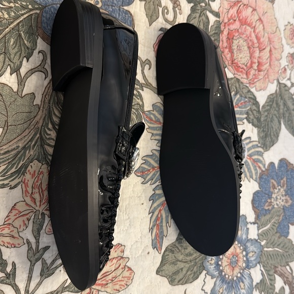 Black Patent Leather Loafers with Rhinestone Detail 8.5 m women’s flat new - Picture 2 of 6